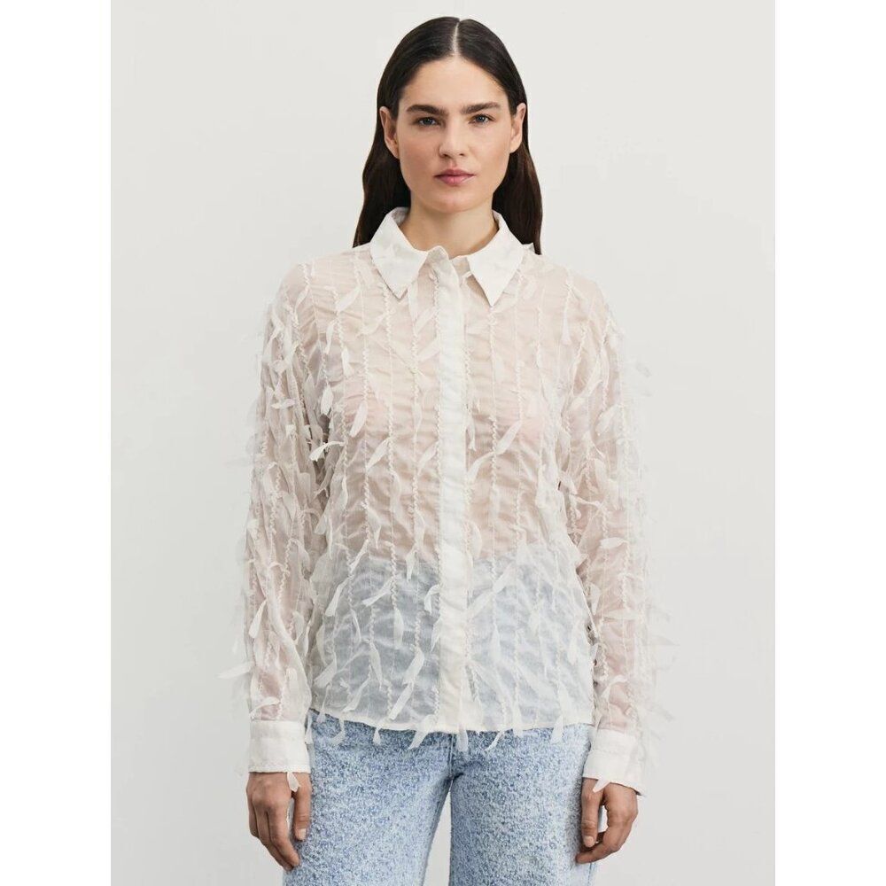 Zara Womens Top Blouse M Ivory Fringed Semi Sheer Button Front 8953/092 NWT